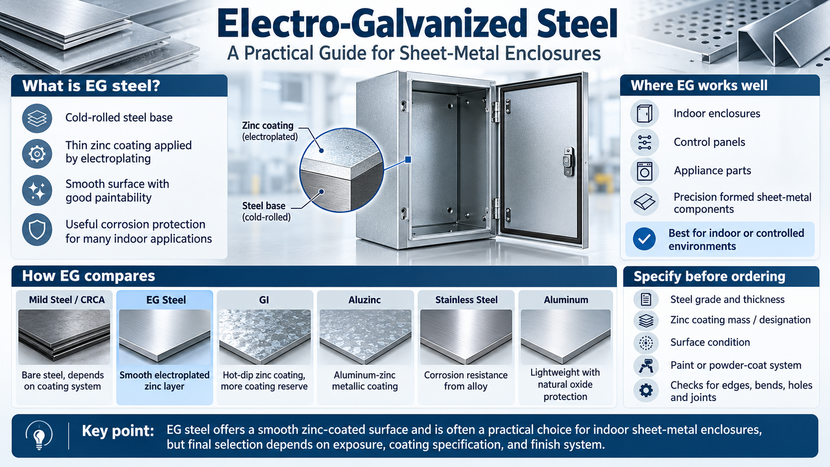 Electro-galvanized steel guide showing steel sheets, a metal enclosure, material comparisons and specification points.
