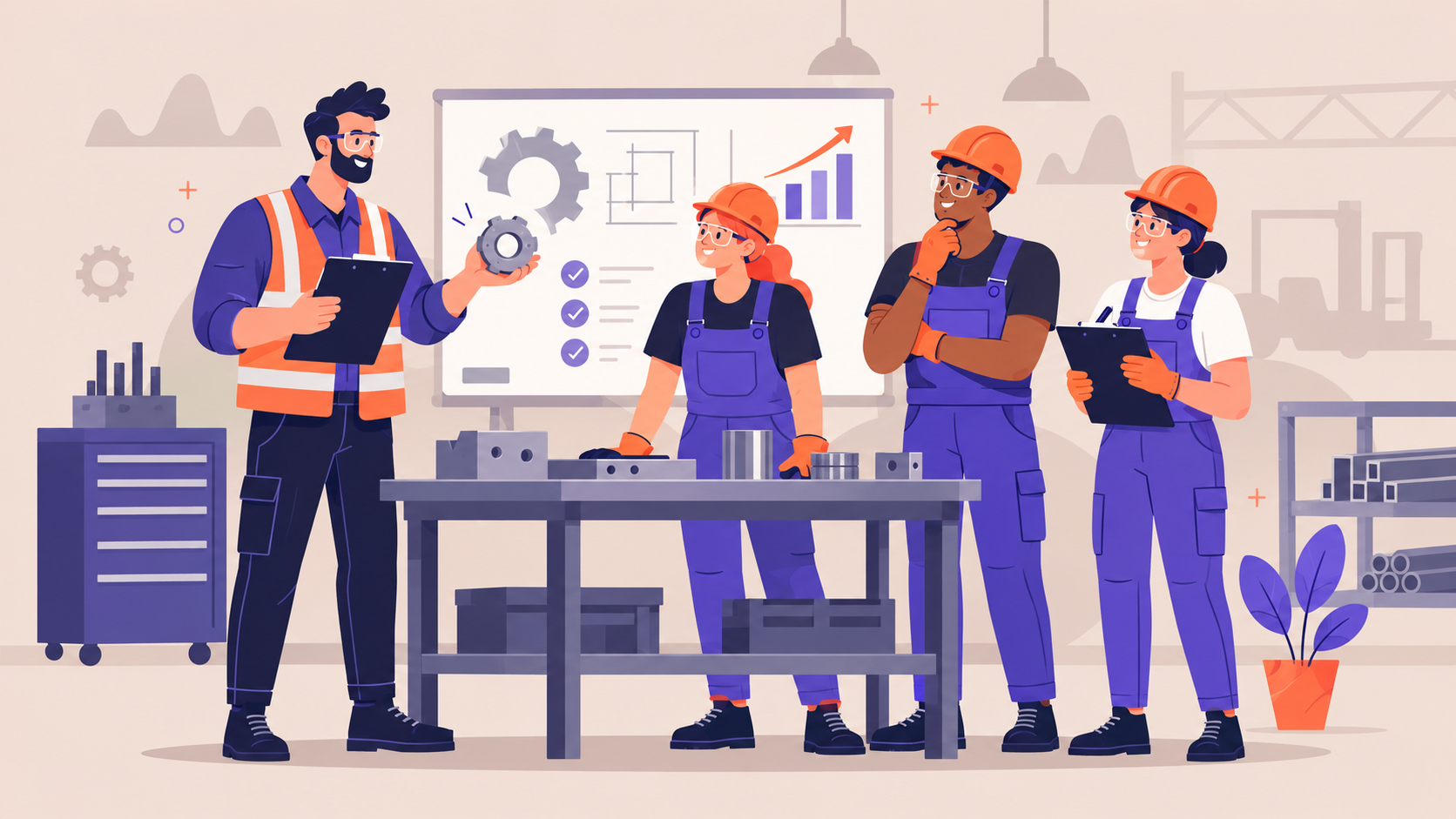 Illustration of a trainer and employees taking part in a collaborative workshop training session.