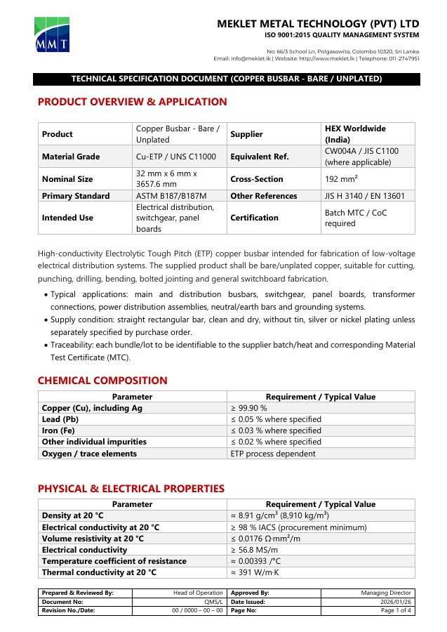 First page of the Copper Busbar technical specification