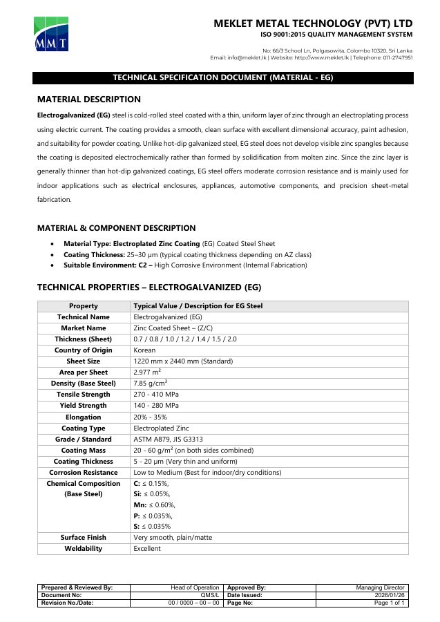 First page of the Electrogalvanized Steel material specification