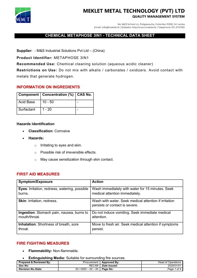 First page of the Metaphose 3-in-1 technical data sheet