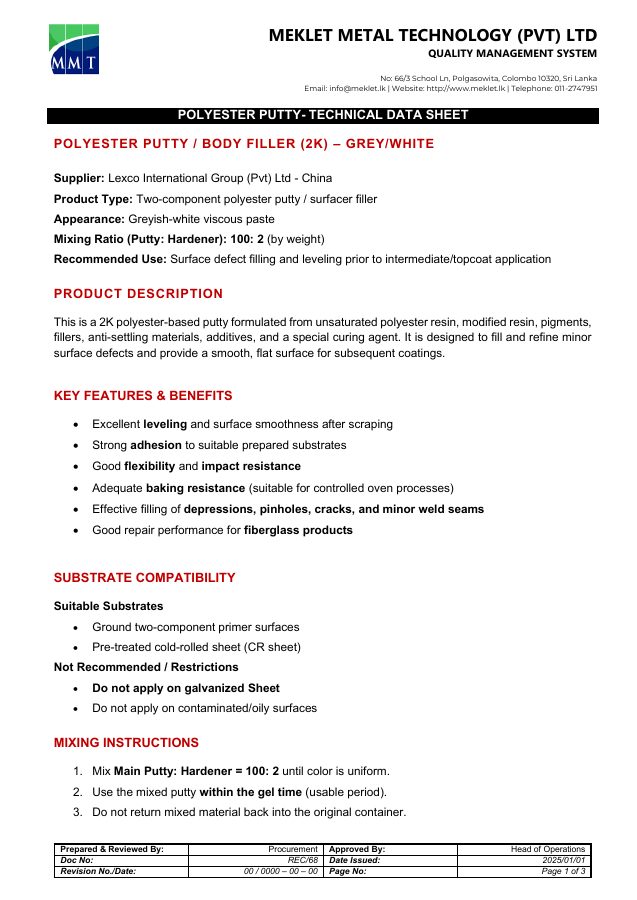 First page of the Polyester Putty technical data sheet