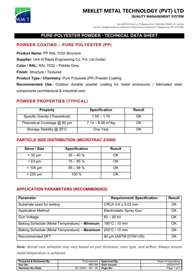 First page of the Pure-Polyester Powder RAPID data sheet